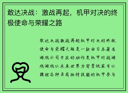 敢达决战：激战再起，机甲对决的终极使命与荣耀之路